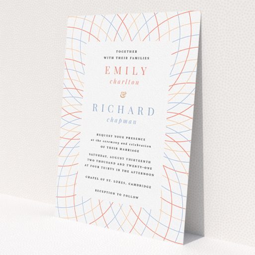 A personalised wedding invite named 'Figure Lines'. It is an A5 invite in a portrait orientation. 'Figure Lines' is available as a flat invite, with tones of white, orange and red.