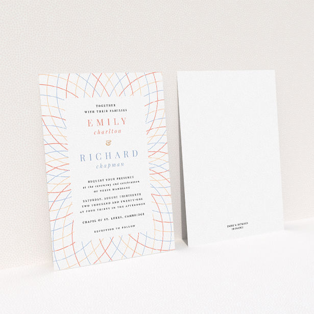 A personalised wedding invite named "Figure Lines". It is an A5 invite in a portrait orientation. "Figure Lines" is available as a flat invite, with tones of white, orange and red.
