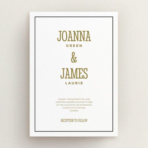 A personalised wedding invite design called "Fill the space". It is an A5 invite in a portrait orientation. "Fill the space" is available as a flat invite, with tones of white and gold.