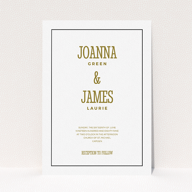 A personalised wedding invite design called "Fill the space". It is an A5 invite in a portrait orientation. "Fill the space" is available as a flat invite, with tones of white and gold.