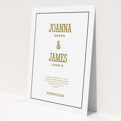 A personalised wedding invite design called 'Fill the space'. It is an A5 invite in a portrait orientation. 'Fill the space' is available as a flat invite, with tones of white and gold.