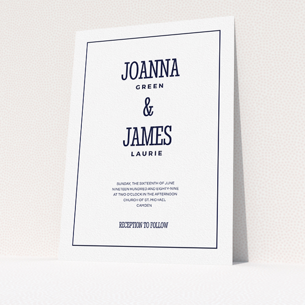 A personalised wedding invite named "Fill the space". It is an A5 invite in a portrait orientation. "Fill the space" is available as a flat invite, with mainly white colouring.