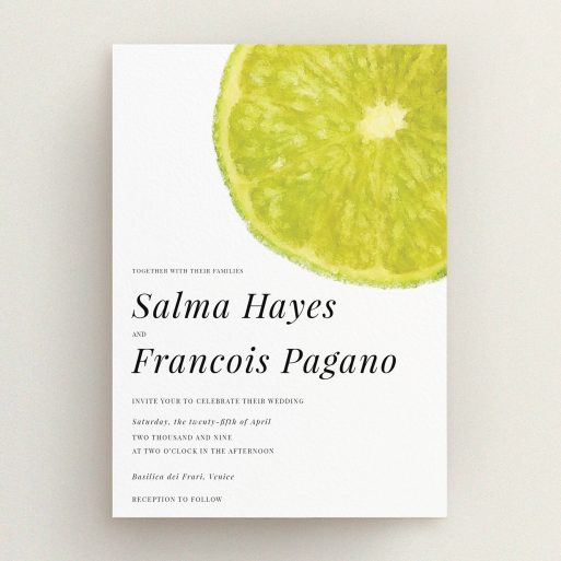 A personalised wedding invite design called "Fresh lime". It is an A5 invite in a portrait orientation. "Fresh lime" is available as a flat invite, with tones of green and white.