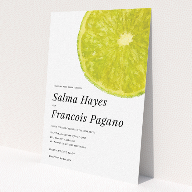 A personalised wedding invite design called "Fresh lime". It is an A5 invite in a portrait orientation. "Fresh lime" is available as a flat invite, with tones of green and white.