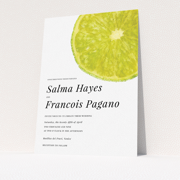 A personalised wedding invite design called "Fresh lime". It is an A5 invite in a portrait orientation. "Fresh lime" is available as a flat invite, with tones of green and white.