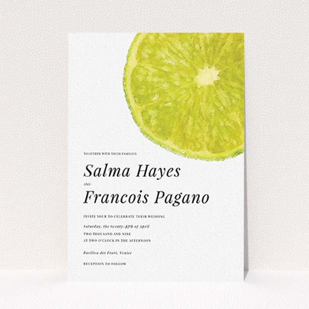 A personalised wedding invite named "Fresh lime". It is an A6 invite in a portrait orientation. "Fresh lime" is available as a flat invite, with tones of green and white.