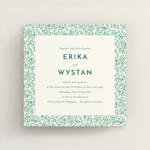 A personalised wedding invite design called "From the hedge". It is a square (148mm x 148mm) invite in a square orientation. "From the hedge" is available as a flat invite, with mainly green colouring.