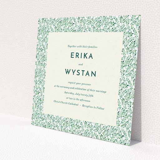 A personalised wedding invite design called 'From the hedge'. It is a square (148mm x 148mm) invite in a square orientation. 'From the hedge' is available as a flat invite, with mainly green colouring.