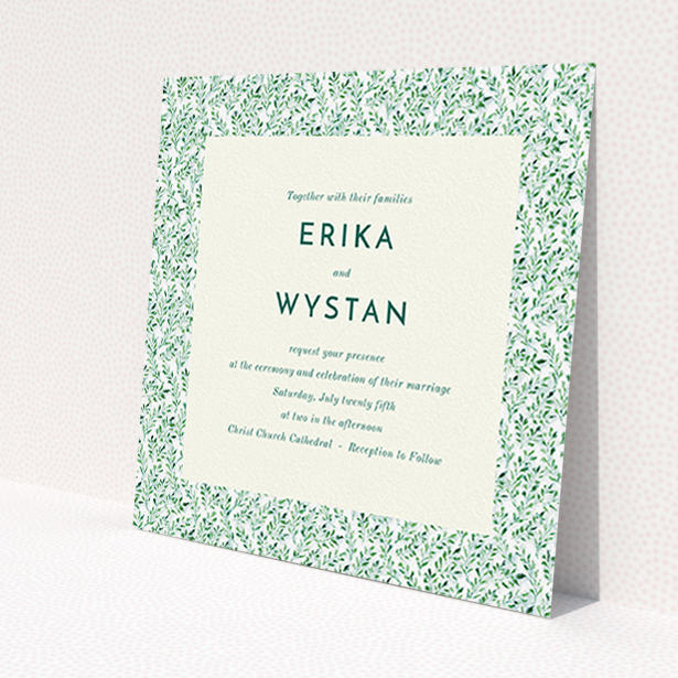 A personalised wedding invite design called "From the hedge". It is a square (148mm x 148mm) invite in a square orientation. "From the hedge" is available as a flat invite, with mainly green colouring.