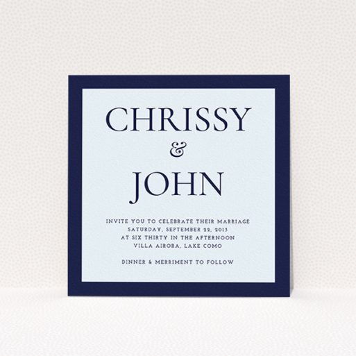 A personalised wedding invite design called "Front and centre". It is a square (148mm x 148mm) invite in a square orientation. "Front and centre" is available as a flat invite, with mainly blue colouring.