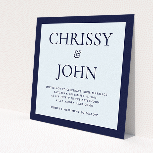 A personalised wedding invite design called "Front and centre". It is a square (148mm x 148mm) invite in a square orientation. "Front and centre" is available as a flat invite, with mainly blue colouring.