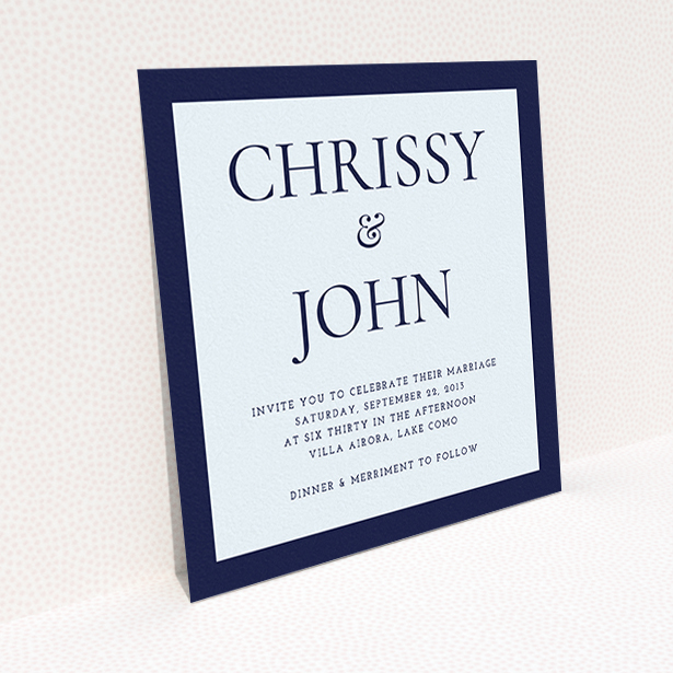 A personalised wedding invite design called "Front and centre". It is a square (148mm x 148mm) invite in a square orientation. "Front and centre" is available as a flat invite, with mainly blue colouring.