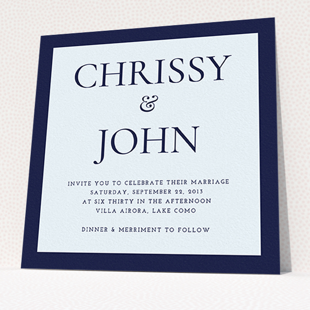 A personalised wedding invite design called "Front and centre". It is a square (148mm x 148mm) invite in a square orientation. "Front and centre" is available as a flat invite, with mainly blue colouring.