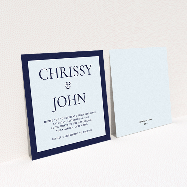 A personalised wedding invite design called "Front and centre". It is a square (148mm x 148mm) invite in a square orientation. "Front and centre" is available as a flat invite, with mainly blue colouring.