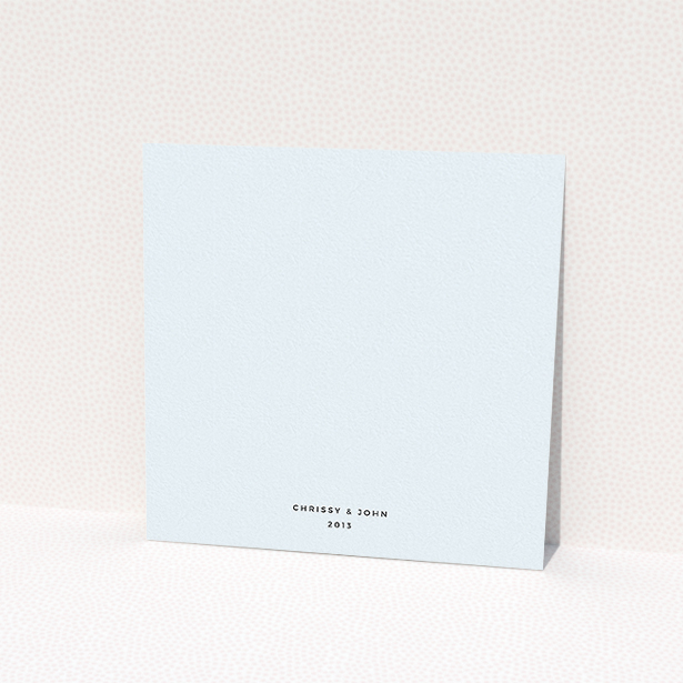 A personalised wedding invite design called "Front and centre". It is a square (148mm x 148mm) invite in a square orientation. "Front and centre" is available as a flat invite, with mainly blue colouring.