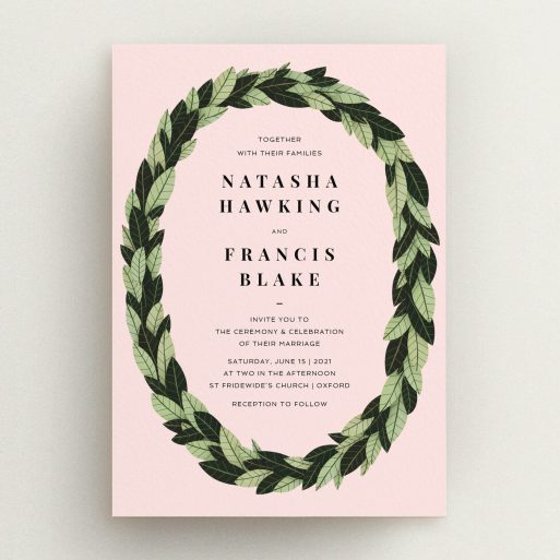 A personalised wedding invite design called "Full-bodied Wreath". It is an A5 invite in a portrait orientation. "Full-bodied Wreath" is available as a flat invite, with tones of light green and dark green.