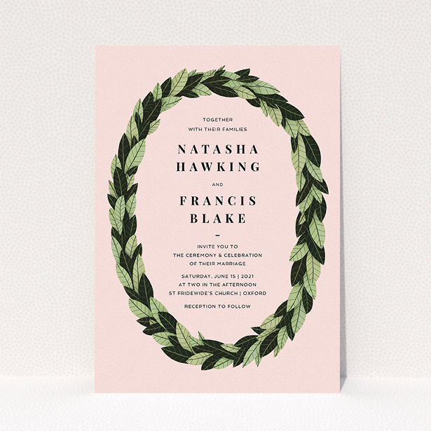A personalised wedding invite design called "Full-bodied Wreath". It is an A5 invite in a portrait orientation. "Full-bodied Wreath" is available as a flat invite, with tones of light green and dark green.