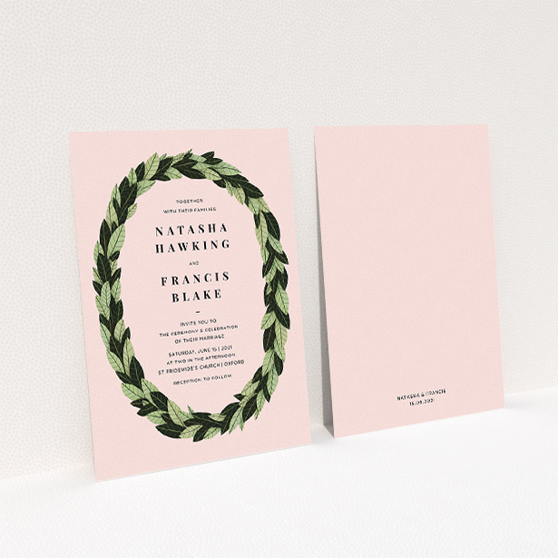 A personalised wedding invite design called "Full-bodied Wreath". It is an A5 invite in a portrait orientation. "Full-bodied Wreath" is available as a flat invite, with tones of light green and dark green.