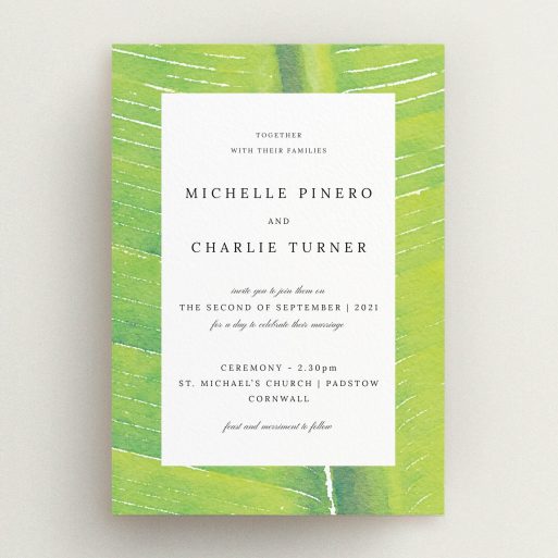 A personalised wedding invite template titled "Full Jungle". It is an A5 invite in a portrait orientation. "Full Jungle" is available as a flat invite, with tones of green and white.