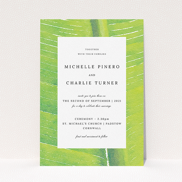 A personalised wedding invite template titled "Full Jungle". It is an A5 invite in a portrait orientation. "Full Jungle" is available as a flat invite, with tones of green and white.
