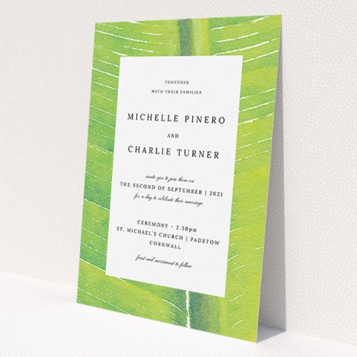 A personalised wedding invite template titled 'Full Jungle'. It is an A5 invite in a portrait orientation. 'Full Jungle' is available as a flat invite, with tones of green and white.