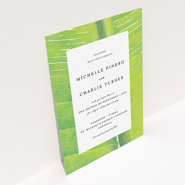 A personalised wedding invite template titled "Full Jungle". It is an A5 invite in a portrait orientation. "Full Jungle" is available as a flat invite, with tones of green and white.