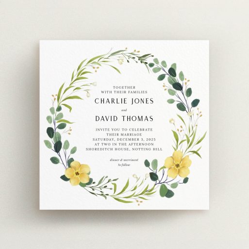 A personalised wedding invite design called "Full Summer Wreath". It is a square (148mm x 148mm) invite in a square orientation. "Full Summer Wreath" is available as a flat invite, with tones of light green, dark green and yellow.