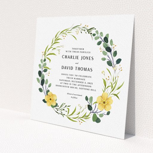 A personalised wedding invite design called 'Full Summer Wreath'. It is a square (148mm x 148mm) invite in a square orientation. 'Full Summer Wreath' is available as a flat invite, with tones of light green, dark green and yellow.