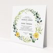A personalised wedding invite design called "Full Summer Wreath". It is a square (148mm x 148mm) invite in a square orientation. "Full Summer Wreath" is available as a flat invite, with tones of light green, dark green and yellow.