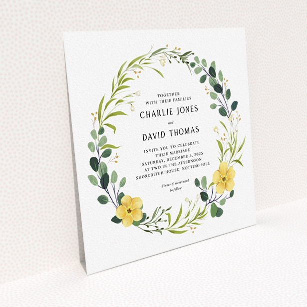 A personalised wedding invite design called "Full Summer Wreath". It is a square (148mm x 148mm) invite in a square orientation. "Full Summer Wreath" is available as a flat invite, with tones of light green, dark green and yellow.