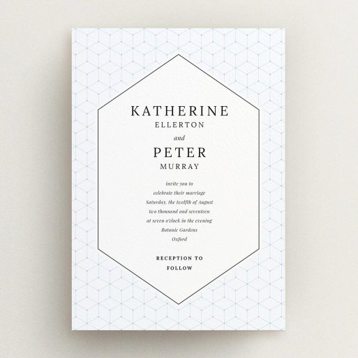 A personalised wedding invite called "Geometric grid". It is an A5 invite in a portrait orientation. "Geometric grid" is available as a flat invite, with tones of blue and white.