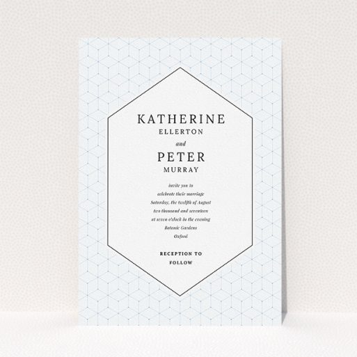 A personalised wedding invite called "Geometric grid". It is an A5 invite in a portrait orientation. "Geometric grid" is available as a flat invite, with tones of blue and white.