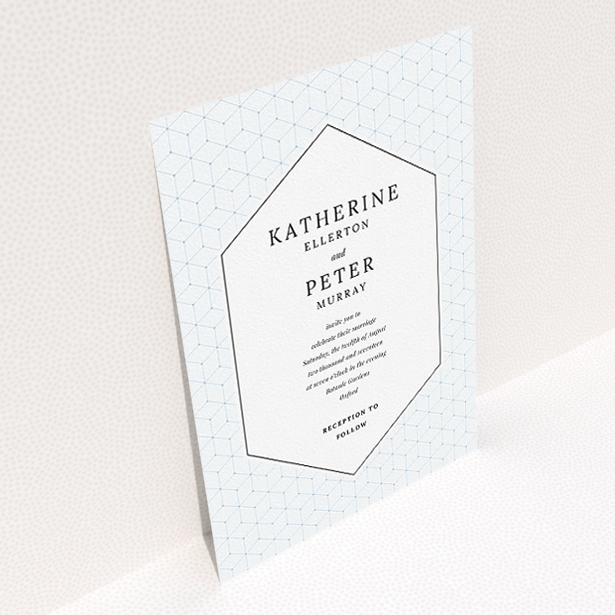 A personalised wedding invite called "Geometric grid". It is an A5 invite in a portrait orientation. "Geometric grid" is available as a flat invite, with tones of blue and white.