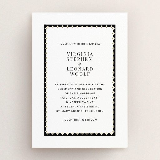 A personalised wedding invite design titled "Golden black stage". It is an A5 invite in a portrait orientation. "Golden black stage" is available as a flat invite, with tones of black and white.