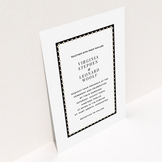 A personalised wedding invite design titled "Golden black stage". It is an A5 invite in a portrait orientation. "Golden black stage" is available as a flat invite, with tones of black and white.