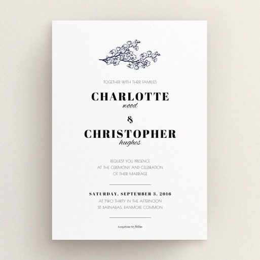 A personalised wedding invite template titled "Greek island". It is an A5 invite in a portrait orientation. "Greek island" is available as a flat invite, with tones of white and Navy blue.