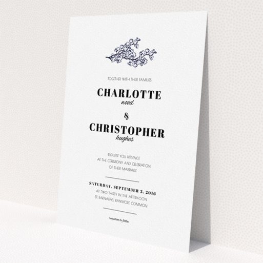 A personalised wedding invite template titled 'Greek island'. It is an A5 invite in a portrait orientation. 'Greek island' is available as a flat invite, with tones of white and Navy blue.