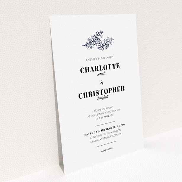 A personalised wedding invite template titled "Greek island". It is an A5 invite in a portrait orientation. "Greek island" is available as a flat invite, with tones of white and Navy blue.