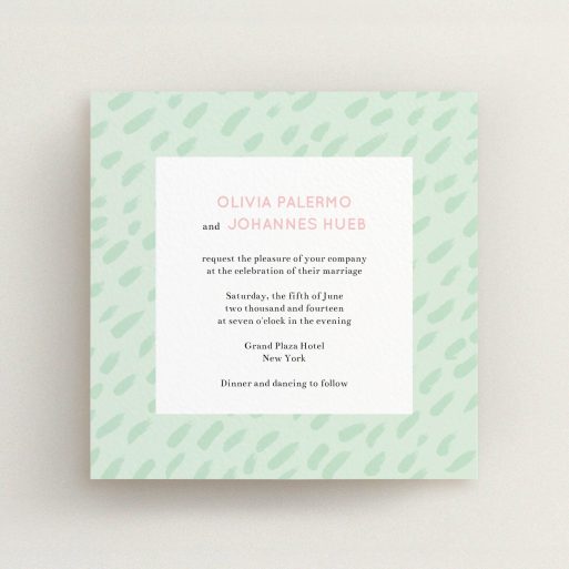 A personalised wedding invite template titled "Green Strokes". It is a square (148mm x 148mm) invite in a square orientation. "Green Strokes" is available as a flat invite, with tones of green and white.