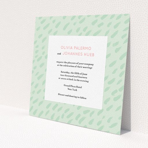 A personalised wedding invite template titled 'Green Strokes'. It is a square (148mm x 148mm) invite in a square orientation. 'Green Strokes' is available as a flat invite, with tones of green and white.