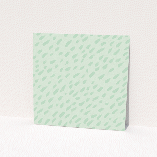 A personalised wedding invite template titled "Green Strokes". It is a square (148mm x 148mm) invite in a square orientation. "Green Strokes" is available as a flat invite, with tones of green and white.