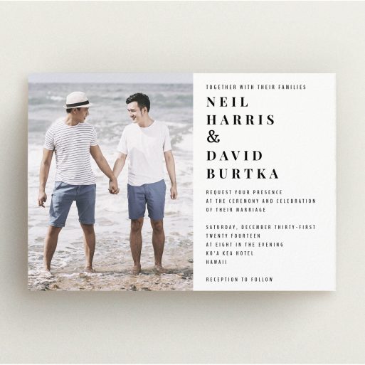 A personalised wedding invite design called "Half full". It is an A5 invite in a landscape orientation. It is a photographic personalised wedding invite with room for 1 photo. "Half full" is available as a flat invite, with mainly white colouring.