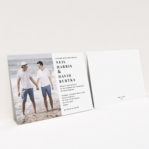 A personalised wedding invite design called "Half full". It is an A5 invite in a landscape orientation. It is a photographic personalised wedding invite with room for 1 photo. "Half full" is available as a flat invite, with mainly white colouring.