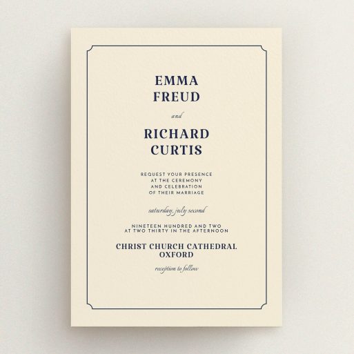 A personalised wedding invite design called "Harrison notch". It is an A5 invite in a portrait orientation. "Harrison notch" is available as a flat invite, with tones of cream and navy blue.