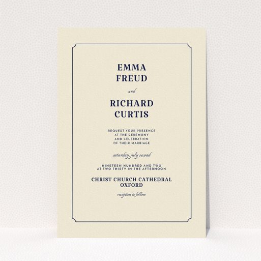 A personalised wedding invite design called "Harrison notch". It is an A5 invite in a portrait orientation. "Harrison notch" is available as a flat invite, with tones of cream and navy blue.