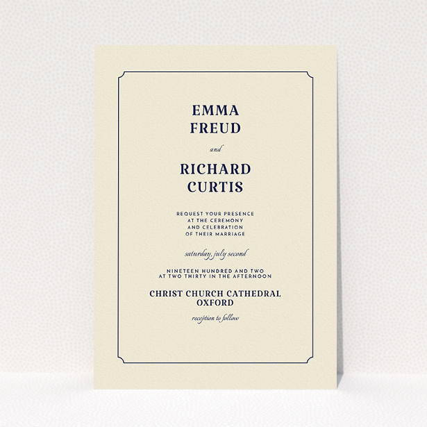 A personalised wedding invite design called "Harrison notch". It is an A5 invite in a portrait orientation. "Harrison notch" is available as a flat invite, with tones of cream and navy blue.