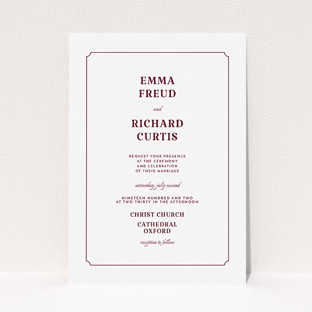 A personalised wedding invite called "Harrison notch". It is an A5 invite in a portrait orientation. "Harrison notch" is available as a flat invite, with tones of white and burgundy.