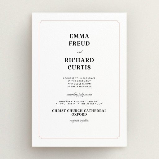 A personalised wedding invite design titled "Harrison notch". It is an A5 invite in a portrait orientation. "Harrison notch" is available as a flat invite, with tones of white and pink.