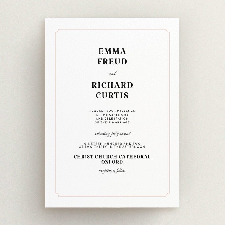 A personalised wedding invite design titled "Harrison notch". It is an A5 invite in a portrait orientation. "Harrison notch" is available as a flat invite, with tones of white and pink.