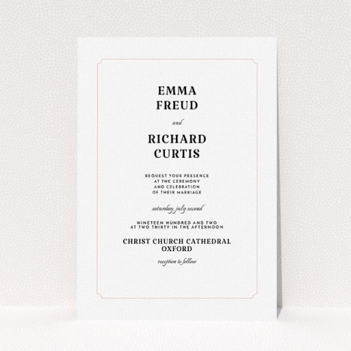A personalised wedding invite design titled "Harrison notch". It is an A5 invite in a portrait orientation. "Harrison notch" is available as a flat invite, with tones of white and pink.